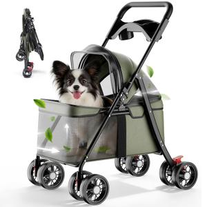GTPLAYER Foldable Pet Stroller for Small Dogs and Cats, Hold Up to 33 lb, 4-Wheel Stroller with 2 Safety Tethers, Breathable Mesh, Lockable Front Wheels, Cup Holder/Tray & Storage Pocket, Forest Green