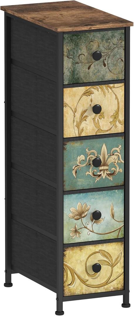 Tohomeor Narrow Storage Dresser Slim Dresser with Retro Flowers Fabric Drawers Vertical Skinny Cabinet for Small Spaces,Bathroom,Bedroom Closet Nightstand,Entryway Organizer (Retro Flower, 5 Drawers)