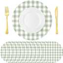 60 Pcs Green and White Gingham Disposable Paper Placemats Round Table Place Mat Summer Checkered Decorative Paper for Baby Shower Wedding Birthday Party Dinner Table Decor
