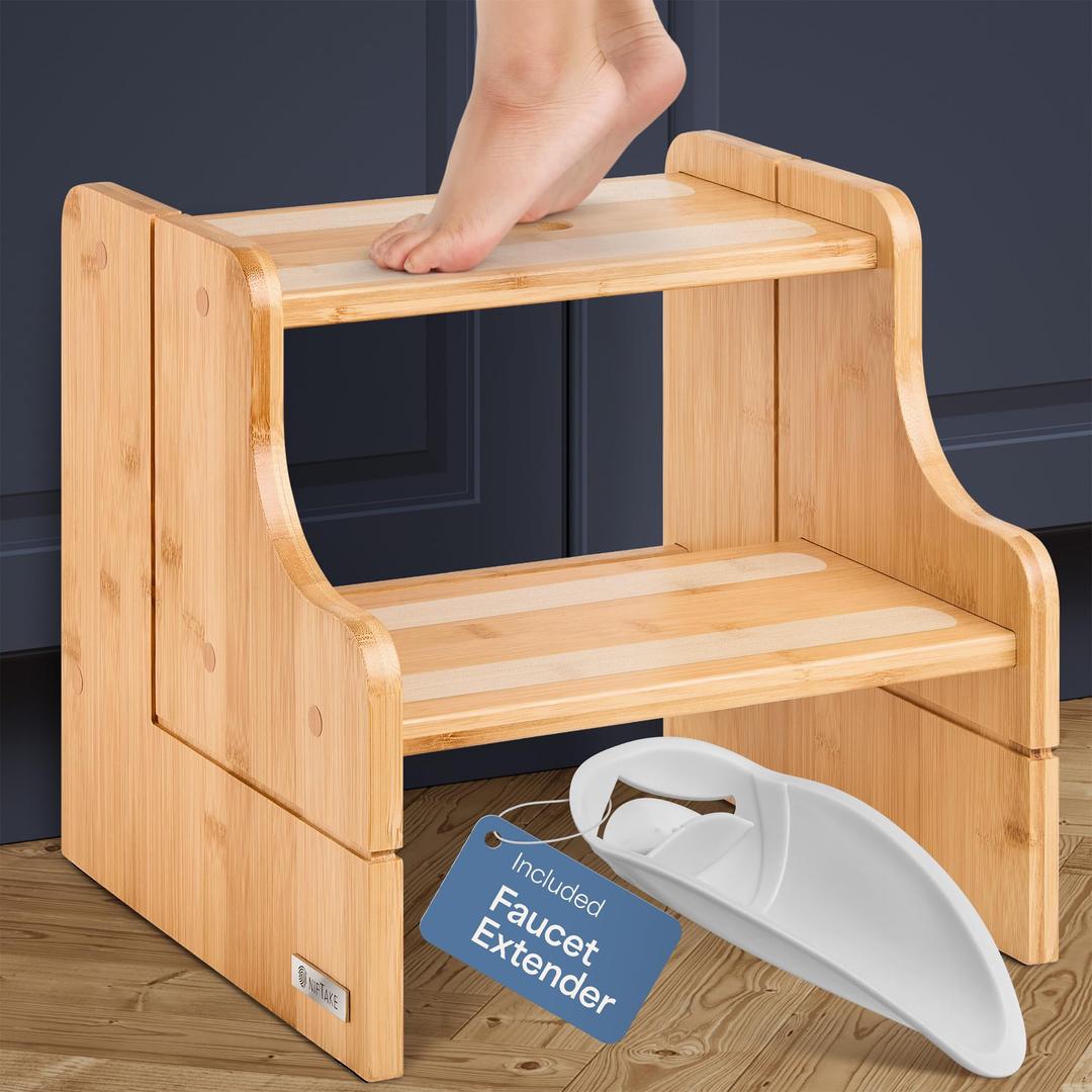 NIFTAKE Small Step Stool, 200lb Capacity  Sturdy, Safe and Durable, Toddler Step Stool for Toddlers, Bamboo Toddler Stool, Potty Training, Kitchen Wooden Stepping Stool  w/Faucet Extender (Brown)