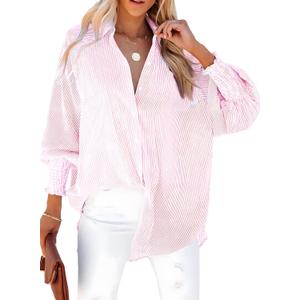 Dokotoo Womens V Neck Striped Button Down Shirts Long Sleeve Tunic Tops (Pink, L)