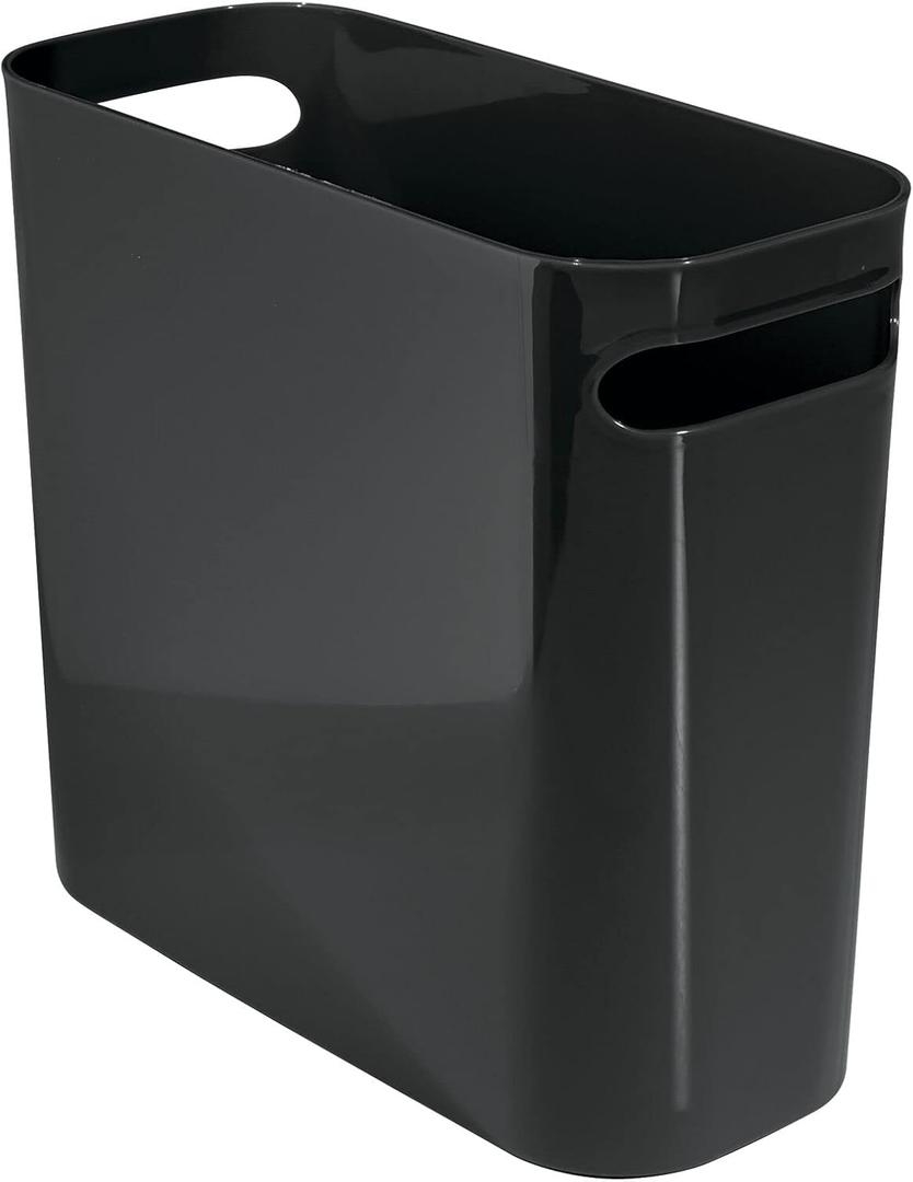 mDesign Plastic Small Trash Can, 1.5 Gallon/5.7-Liter Wastebasket, Narrow Garbage Bin with Handles for Bathroom, Laundry, Home Office - Holds Waste, Recycling, 10" High, Aura Collection, Black