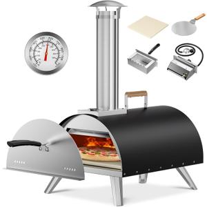Multi-Fuel Pizza Oven Outdoor, 12" Portable Wood and Gas Fired Pizza Oven with Thermometer,Gas Hose & Pizza Stone,Heats up to 1000F,Stainless Steel Pizza Oven for Backyard or Camping (Black)