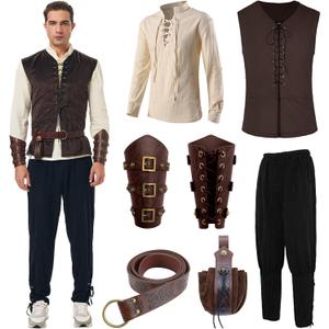 7PCS Mens Renaissance Costume Medieval Viking Outfit Pirate Shirt Pant Tunic Vest Belt Accessories for Halloween (Medium)