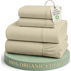 100% Organic Cotton Bed Sheets Full Size, Fully Elasticized Reinforsed Seams in Fitted Pocket, Machine Washable Naturally Cooling Full Sheet Deep Pocket Bedding- Linen