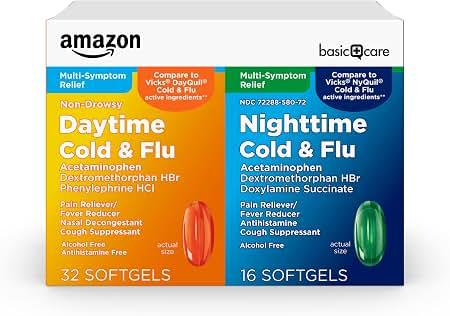 Amazon Basic Care Vapor Ice Day and Night Severe Cold and Flu Relief Caplets, Maximum Strength Multi-Symptom Medicine for Cough, Sore Throat, Nasal Congestion, 48 Count