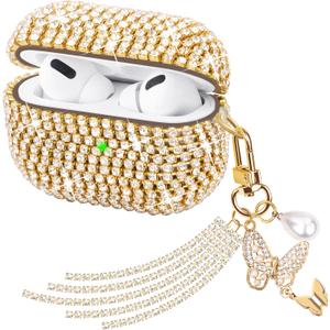 Compatible with AirPods Pro 2 Case Protective Glitter Cute Case for AirPod Pro 2nd Gen with Luxury Shining Keychain Lanyard Strap for Women Girls (Golden Butterfly Charm)