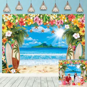 Summer Beach Backdrop Hawaiian Tropical Flower Palm Leaves Surfboard Background Banner Summer Party Decorations Photo Booth Props (7X5FT)