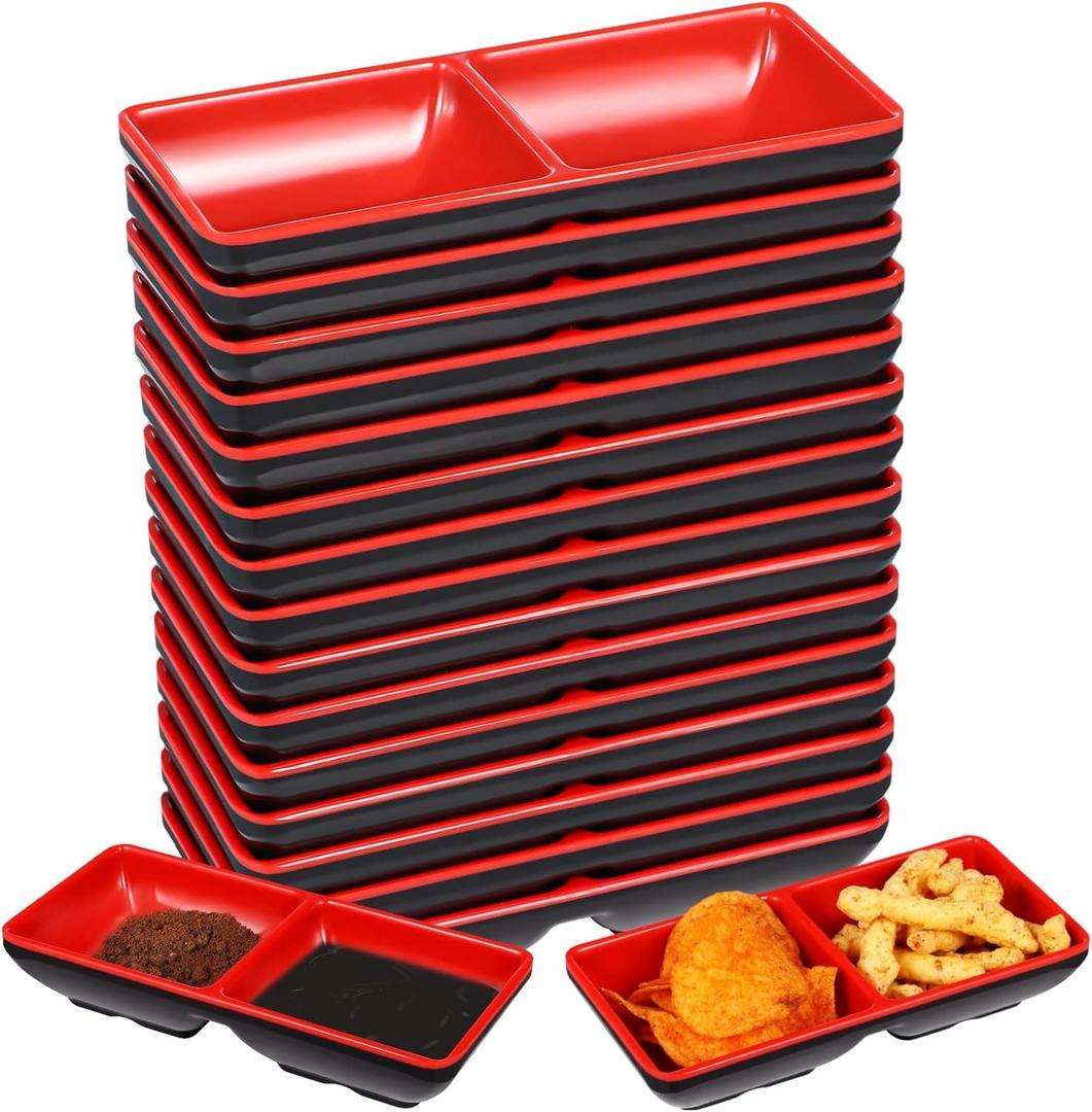 15 Pcs Dual Dipping Bowls, Melamine Soy Sauce Dishes, Black Red Sushi Sauce Dipping Plates, Japanese Style Divided Cups, 2 Compartments Appetizer Serving Trays for Kitchen, Restaurants