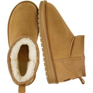 Genuine Suede Ankle Snow Boots for Women Men-Water Resistant Warm Flat Padded Winter Fuzzy Mini Boots with Cozy Faux Fur Lining, 40, Chestnut