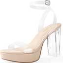 Ankis Platform Heels for Women 4 Inches Chunky Heels Sandals for Women Comfy Open Toe Block Heeled Sandals Nude White Silver Gold Black Ankle Strappy Heels (7.5, F- Crystal Clear)
