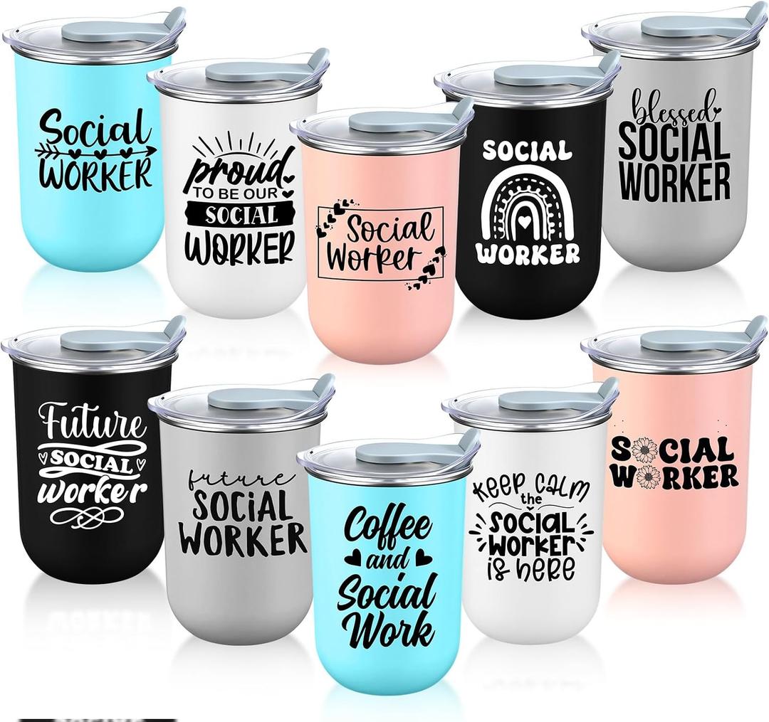 Reallnaive 10 Pack Social Worker Appreciation Gifts Stainless Steel Coffee Cups Bulk Motivational Gifts 12 Ounces Enamel Double Wall Cups for Employees Coworkers Teachers Friends (Classic)