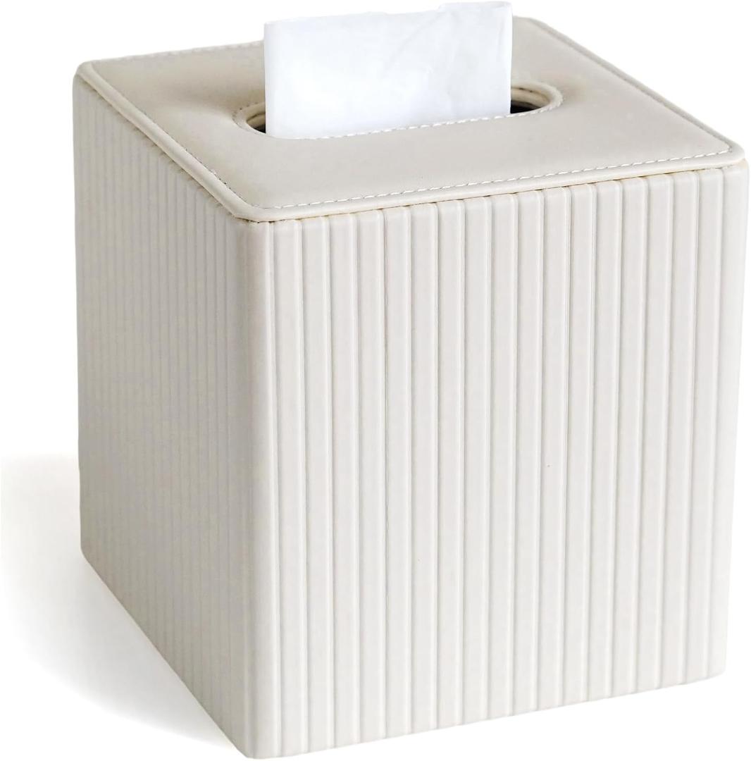 Leather Ivory White Tissue Box Cover, Square Tissue Box Holder Compatible with Kleenex for Bathrooms