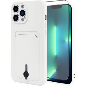 MZELQ TPU Wallet Compatible with iPhone 13 Pro Max Case, Card Holder Camera Protection Cover + Screen Protector, Push-able Slot for Girls Women -White