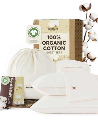 Bedsure 100% Organic Cotton Sheets, GOTS Certified Queen Sheet Set, 17" Deep Pocket Bedsheets with Corner Straps, Eco-Friendly, Soft, Breathable & Luxury PureWoven Cotton Hotel Bedding, 4PCS, Ivory