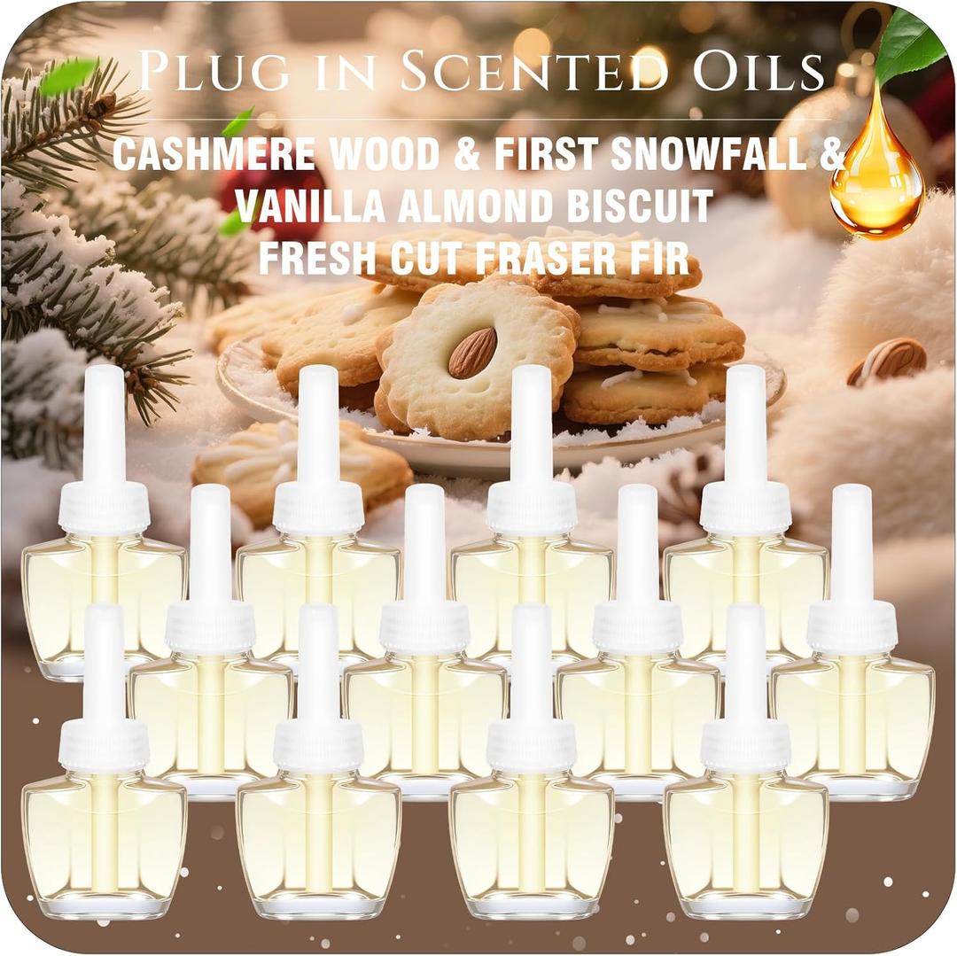 Plug In Refills, Vanilla Almond Biscuit, Cashmere Wood, Fresh Cut Fraser Fir, First Snowfall, for Home and Bathroom 7.92 Fl Oz, 12 Count, Compatible with Air Wick & Glade, Not Include Glade Plus