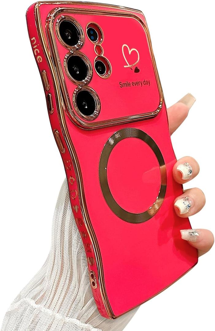for Samsung Galaxy S22 Ultra Case Magnetic,for Women Girls Soft Cute Wave Frame Curly Shape Love Heart Luxury Plating Phone Case Compatible with MagSafe Shockproof Back Cover 6.8"-Hot Pink