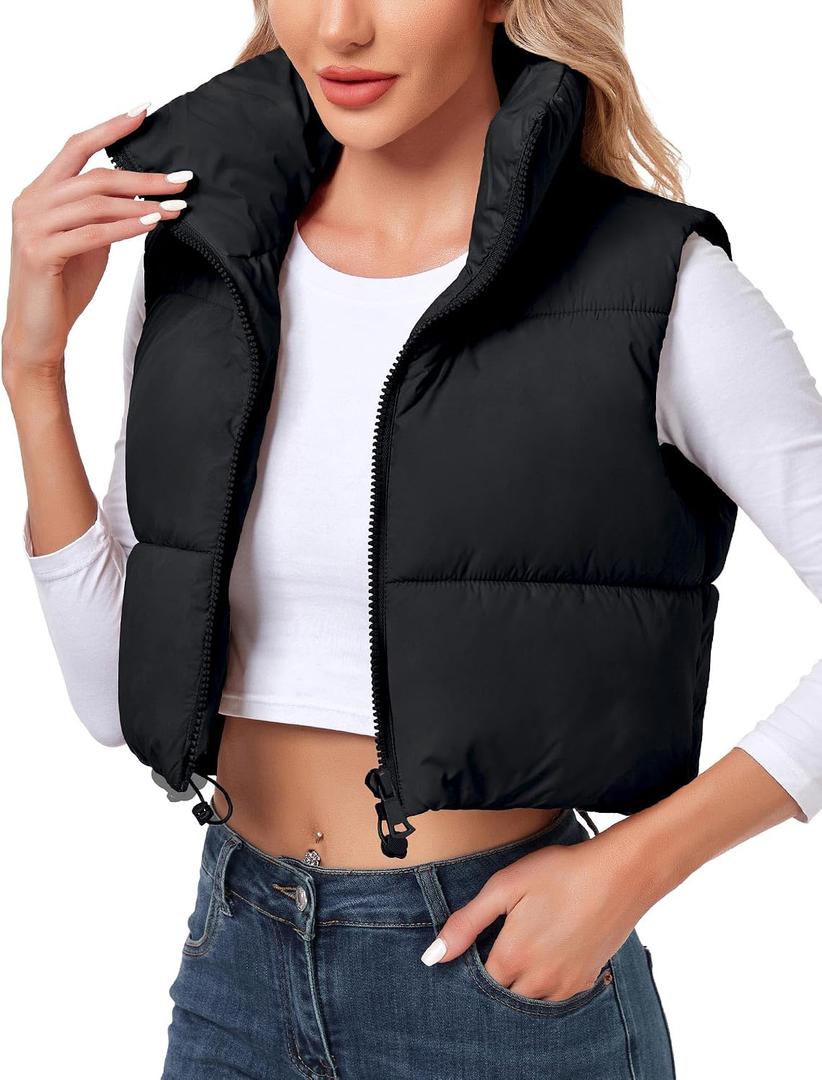 Polu Women's Cropped Puffer Vest Jacket Sleeveless Winter High Stand Collar Lightweight Vest for Women with Zip Gilet (XS)