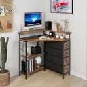 VENNQD Corner Desk with Drawers Shelves for Small Space 90 Degrees Triangle Computer Desk with Power Outlets,Gaming Desk with LED Lights Monitor Stand for Home Office Workstation Writing Table (Brown), 31.89 inches x 31.89 inches x 34.84 inches