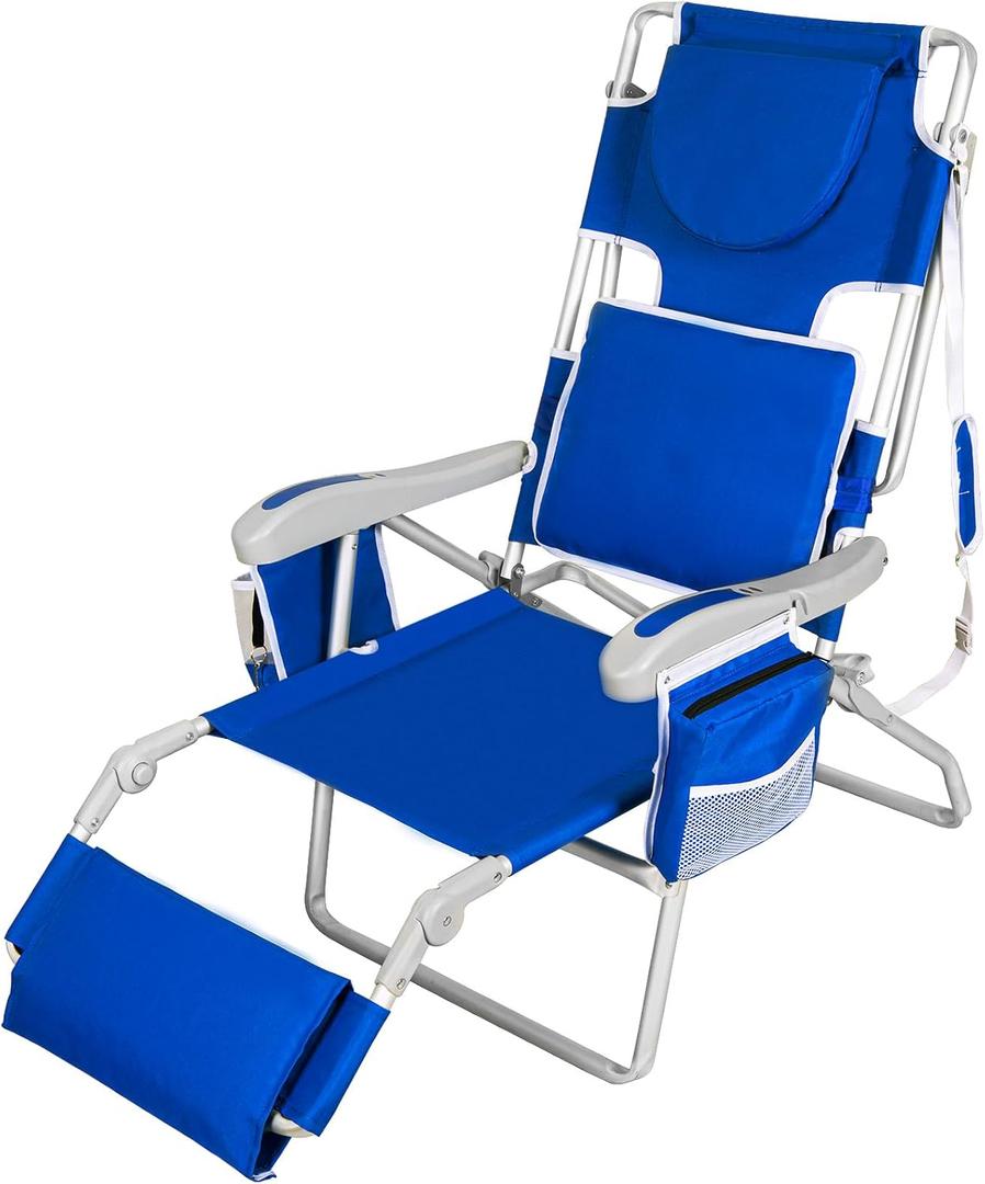 3 in 1 Beach Lounge Chair,Face Down Tanning Lounger with Adjustable Recliner, Foot Rest, Cooler Bag, and Storage Bag for Outside,Royal Blue