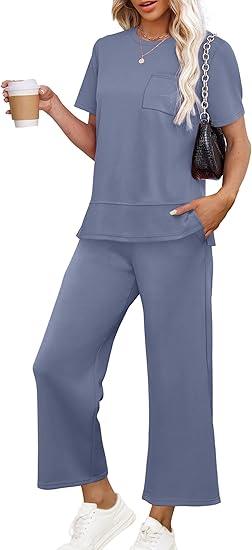 Women's Lounge Sets Fashion Outfits Wide Leg Loungewear Side Slit Tracksuit for Vacation Travel Airport, Blue XL