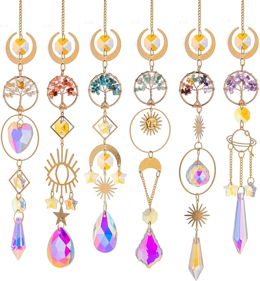 6PCS Crystal Sun Catchers for Windows, Stained Glass Suncatcher Kit with Hanging Crystals, Boho Home Decor, Rainbow Maker for Cottagecore & Whimsical Style