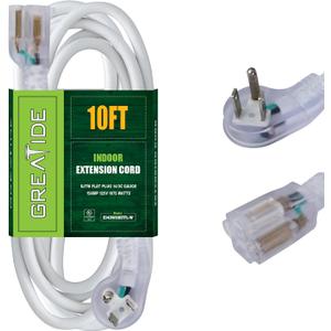 10 Ft 14/3 Flat Plug Lighted Extension Cord, Heavy Duty 14 AWG 3 Prong Grounded White Low Profile Extension Cable for Indoor, UL Listed