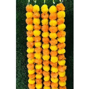 5 PC - 5 feet Artificial Marigold Garland Indian/American Wedding Party, Faux Garlands Wedding Garland, Diwali Decoration, Mantle Decoration, Diwali, Spring Bush Floral! (Orange & Yellow)