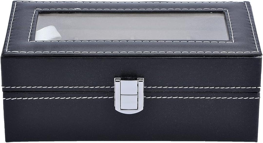 Valyria Mens Watch Case Small 4 Watch Box Black Leather Display Glass Top Jewelry Case Organizer