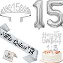 15th Birthday Decorations for Girls Silver with Mis Quince 15 Sash and Tiara, Cake Topper and Candles, Silver Number Balloons, 15 Year Old Gifts for Girls