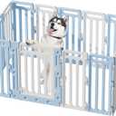 BUMUBI Dog Playpen Fence Clear Pet Puppy Foldable Kennel for Large Medium Dogs Plastic Puppy Enclosure for Cat Rabbit Indoor Whelping Box for Dogs with Gate (Blue + White, 16 Panels+1 Door)
