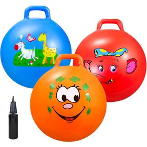 Bouncy Balls with Handle for Kids, Ride On Toys Balls for Kids 3 4-8, 3 Pack Hopper Ball 18 Inch Size with Air Pump for Kids Jumping Sports Ride Games Balance Exercise Indoor Outdoor Fun (Red+orange+blue)