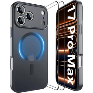YFEMLAZ Magnetic for iPhone 17 Pro Max Case,with Screen Protectors X2,Full Camera Protection,Compatible with MagSafe,Translucent Matte,Anti-FingerprintShockproof Protective Phone Case,6.9",Black