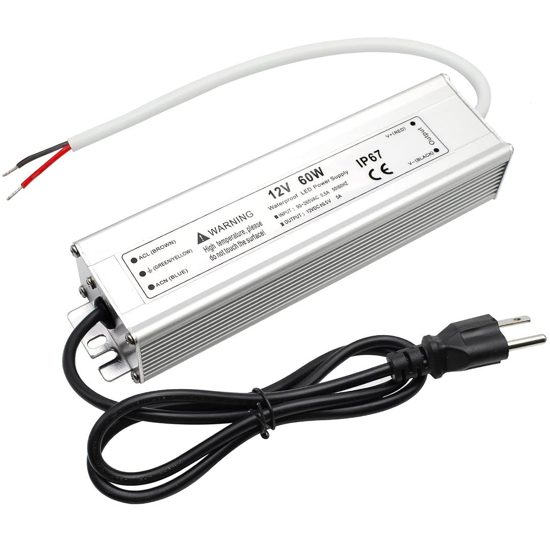 60W 12 Volt LED Power Supply, Waterproof IP67 LED Driver, 110V AC to 12V DC Converter, LED Transformer Low Voltage Output with 3-Prong Plug 3.3 Feet Cable for Light Strip, 5Amp