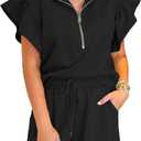 SELINK Two Piece Sets for Women Summer Outfits Ruffle Cap Sleeve Zip Top Wide Leg Pants Lounge Set Tracksuits (Small, Black)