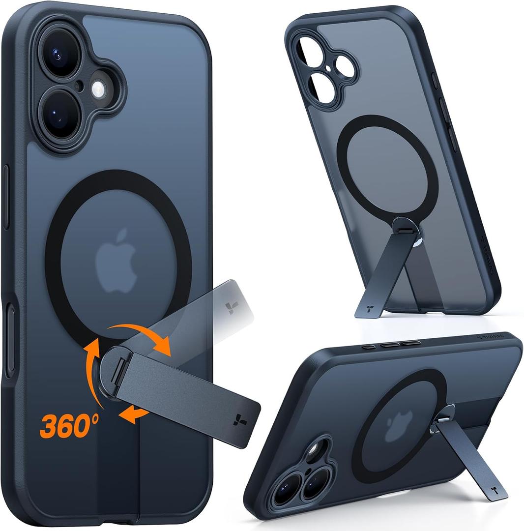 TORRAS Magnetic 360Stand Case for iPhone 16 Case, [Full Camera Protection] [Fit for MagSafe][16FT Mil-Grade Drop Protection] Slim Frosted Case for 16 iPhone Phone Case with Kickstand (6.1"), Black
