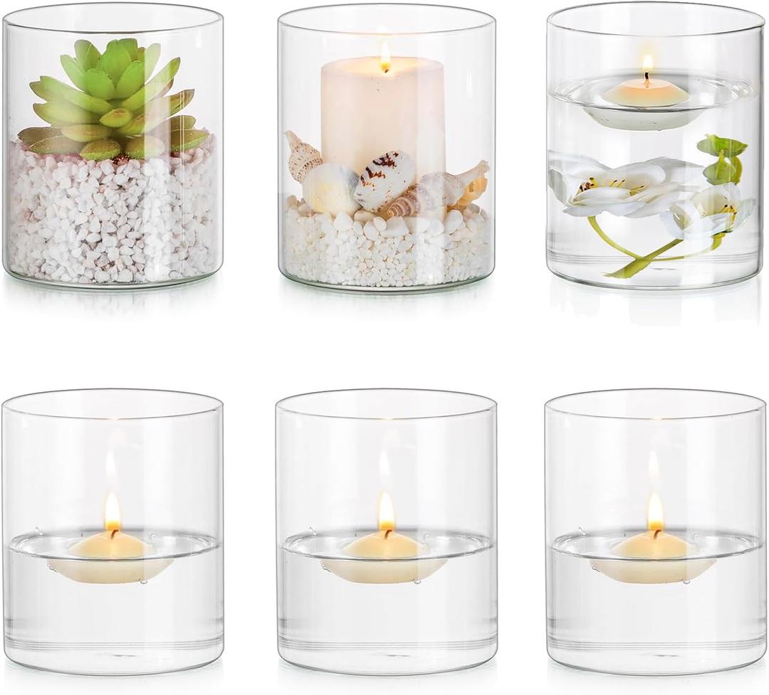 Hewory Glass Hurricane Candle Holder Set of 6, Clear Glass Candle Holders for Pillar Candles Floating Candles, 4 inch Glass Cylinder Hurricane Vases for Centerpieces Wedding Christmas Home Decor