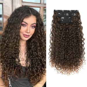 Clip in Hair Extensions, FLUFYMOOZ 4PC 100％ Pure Protein Silk Hair Extensions Long Soft Natural Hairpiece 20 Inch Curly Hair Extension for Women (Black with Copper Golden Blonde)