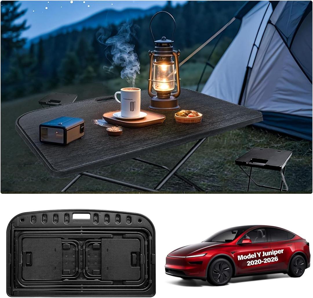 for Tesla Camping Portable Table Model Y Juniper 2020-2026 Trunk Folding Table with 2 Pack Chair Model Y Accessories Outdoor Collapsible Fold up Desk Travel Hiking Picnic BBQ Fishing Beach, 21 inches x 34 inches x 21 inches