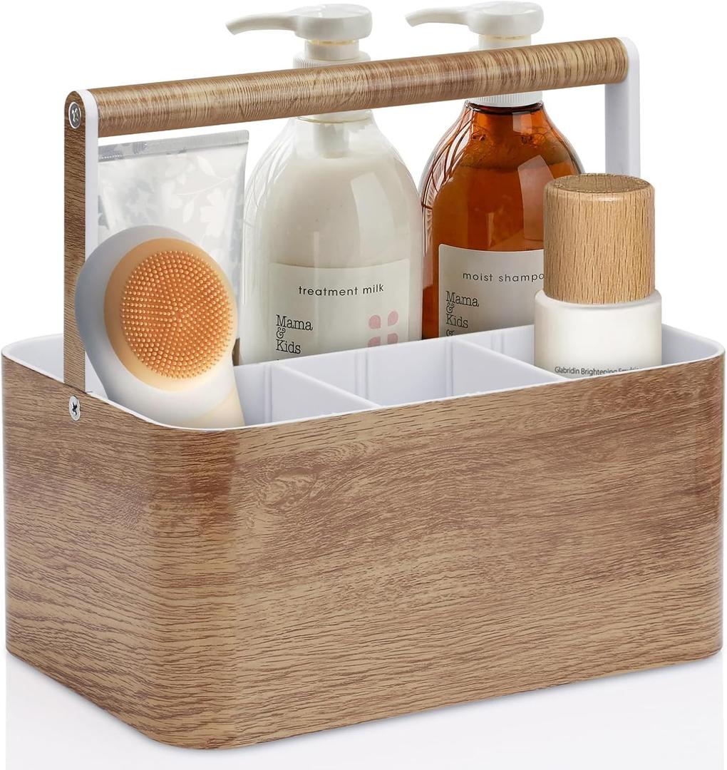 Shower Caddy Portable for College: Devided Bathroom Caddy Shower Basket for Dorm with Handle, Plastic Bathroom Counter Organizer Storage Tote Bin for Dorm,Kitchen,Cabinet, Wood Grain