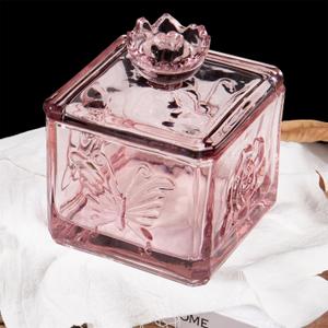 Pink Glass Candy Dish with Lid,Embossed Covered Glass Candy Jar Dishes with Lids,Decorative Candy Dish Jar for Office Desk(Pink)