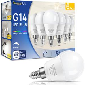 E12 Dimmable 6 watt (60w Equivalent) LED Light Bulbs, G14 Ceiling Fan Light Bulbs Daylight White 5000K, Candelabra Base Globe Shape LED Bulbs, 600 Lumen, 6 Pack