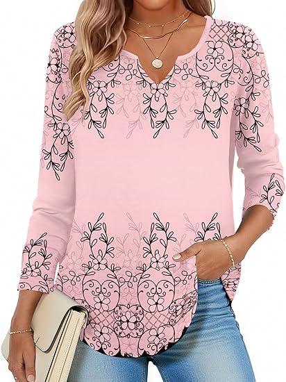 Zeagoo Long Sleeve Shirts for Women Fall V Neck Tops Casual Dressy Blouse Boho Tunic Business Work Clothes School Outfit Size M