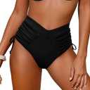 Leoparts Womens V Cut Bikini Bottoms Ruched Tummy Control Bathing Suit Bottom High Cut Drawstring Swimsuit Brief (Black, M)