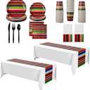 Oudain 162 Pcs Mexican Party Decorations 2 Mexican Serape Tablecloth Dia De Los Muertos Rectangular Mexio Party Plates Serape Napkins Fiesta Theme Dinnerware Set(White Background)