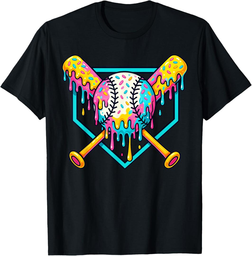 Baseball Home Plate Dripping Ice Cream Drip Youth Boys T-Shirt, Medium