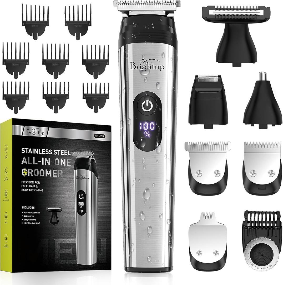 Brightup Beard Trimmer for Men - 22 Piece Beard Grooming Kit with Hair Clippers, Electric Razor, IPX7 Waterproof Mustache, Face, Balls, Nose, Ear, Body Shavers - Gifts for Men, YH-7282, Silver