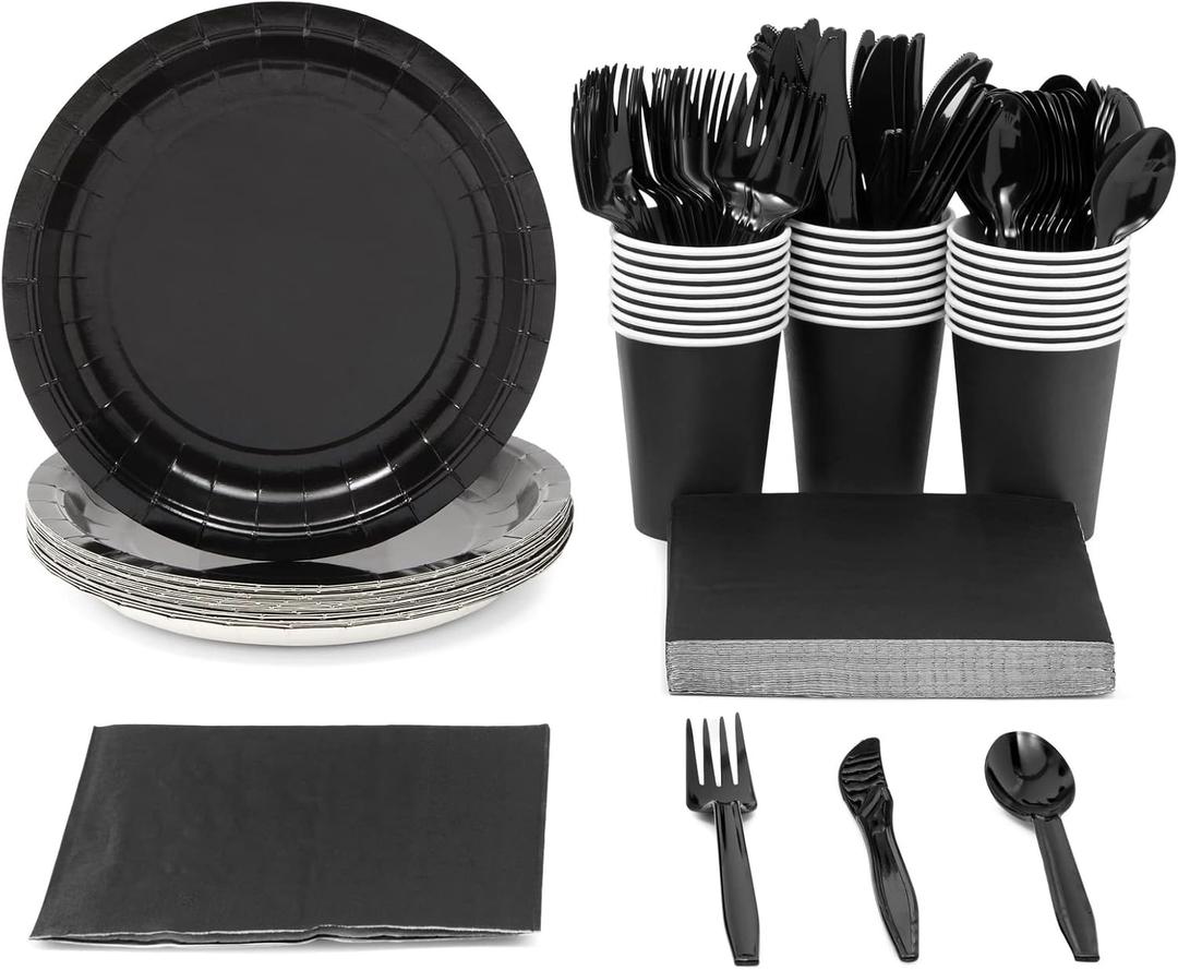 Juvale 144 Piece Black Party Supplies - Serves 24 Disposable Black Paper Plates, Napkins, Cups, and Cutlery, Ideal Party Table Decorations for Birthdays, Halloween Parties & Graduation