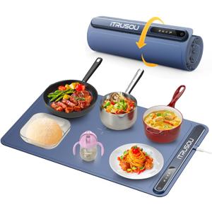 Electric Warming Tray - Whole-Surface Heating, Rollable & Portable, Premium Silicone Nano-Material, 3 Temperature Settings, Auto Shut-Off - Ideal for Gatherings, Parties, and Everyday Use (Large, Blue)