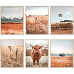 Whaline 6Pcs Highland Cow Wall Art Prints Farmhouse Rural Landscape Wall Decor Windmill Cornfield Art Poster for Gallery Bedroom Living Room (UNFRAMED 8 x 10in)